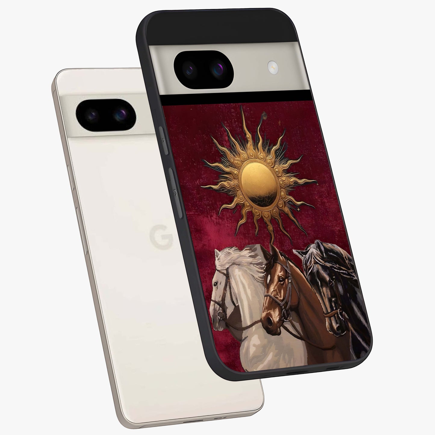 Solar Riders Glass Case displayed in angled mockup highlighting powerful rider illustration with radiant solar aesthetic.