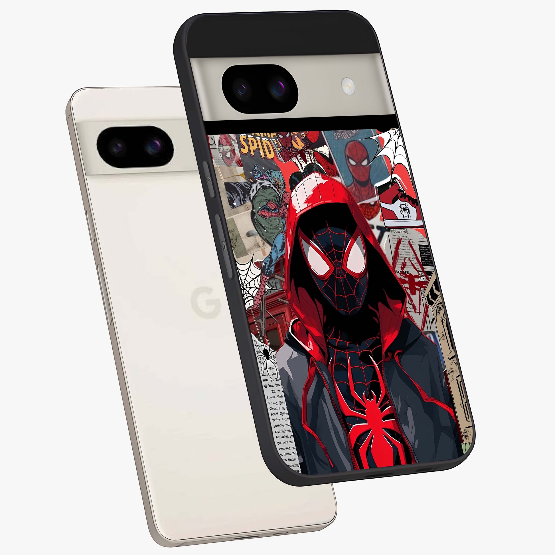 Spider Collage Street Glass Case displayed in angled mockup highlighting dynamic street style collage design with comic aesthetic.