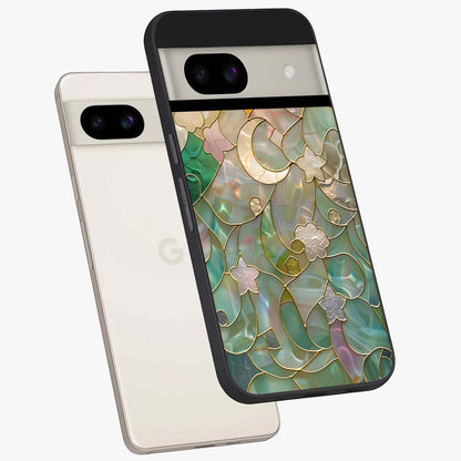 Stained Sunrise Glow Glass Case displayed in angled mockup highlighting radiant sunrise design with artistic aesthetic style.