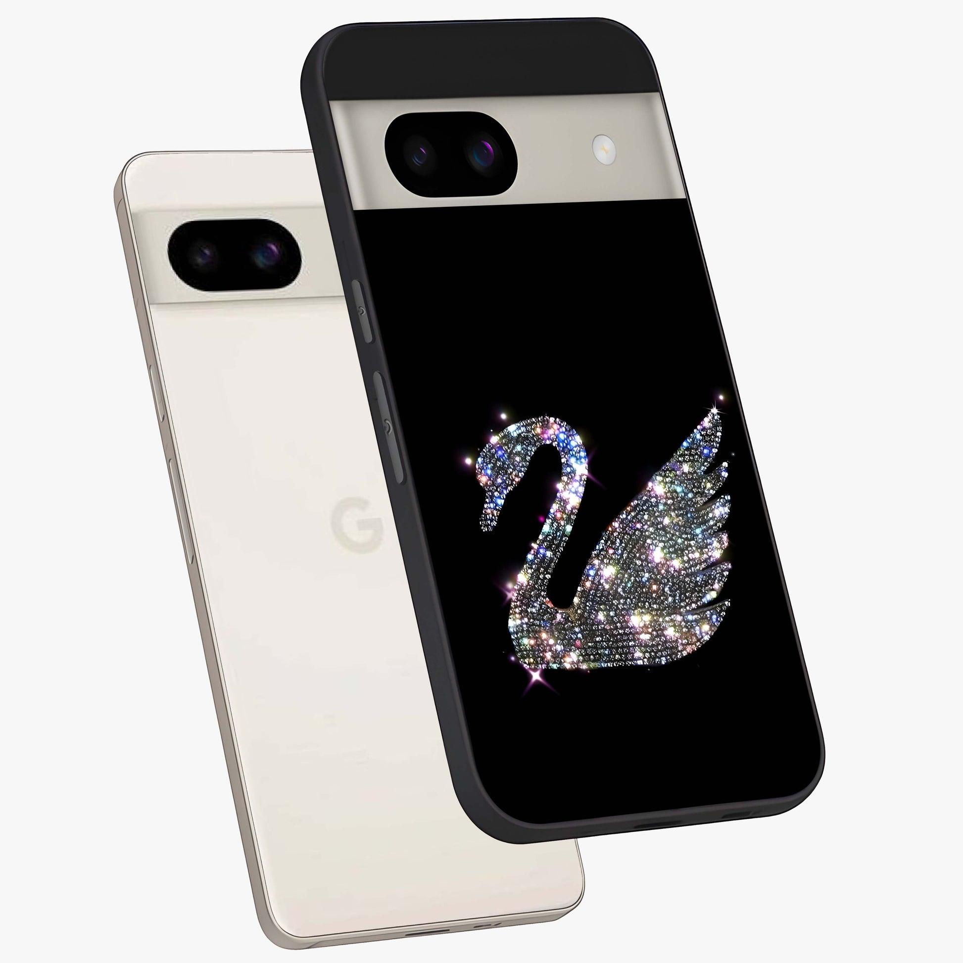 Starlit Swan Grace Glass Case displayed in angled mockup highlighting elegant swan illustration with dreamy celestial aesthetic.