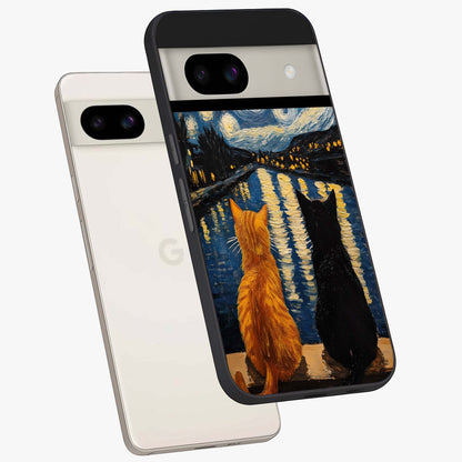 Starry River Cats Glass Case displayed in angled mockup highlighting charming feline illustration with dreamy night aesthetic.