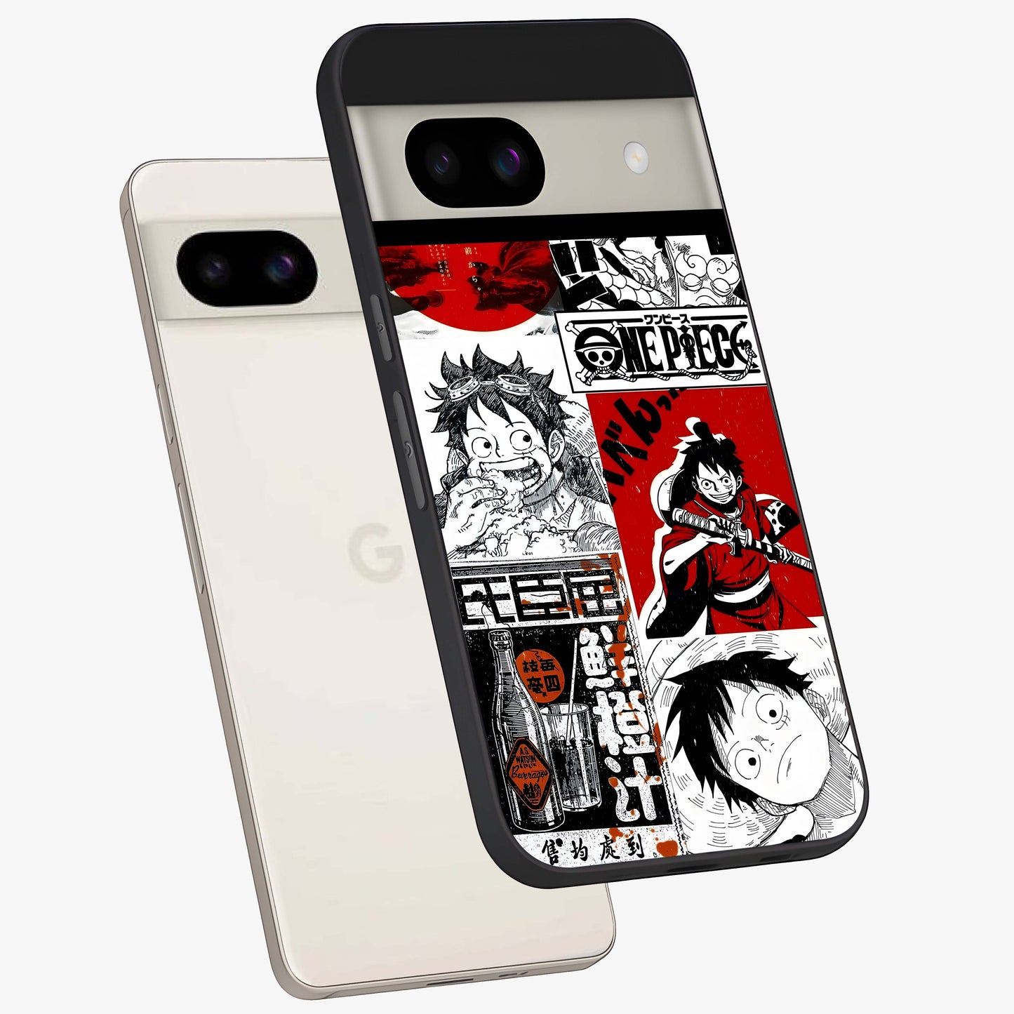 Strawhat Chaos Panels Glass Case displayed in angled mockup highlighting vibrant anime collage design with action aesthetic.