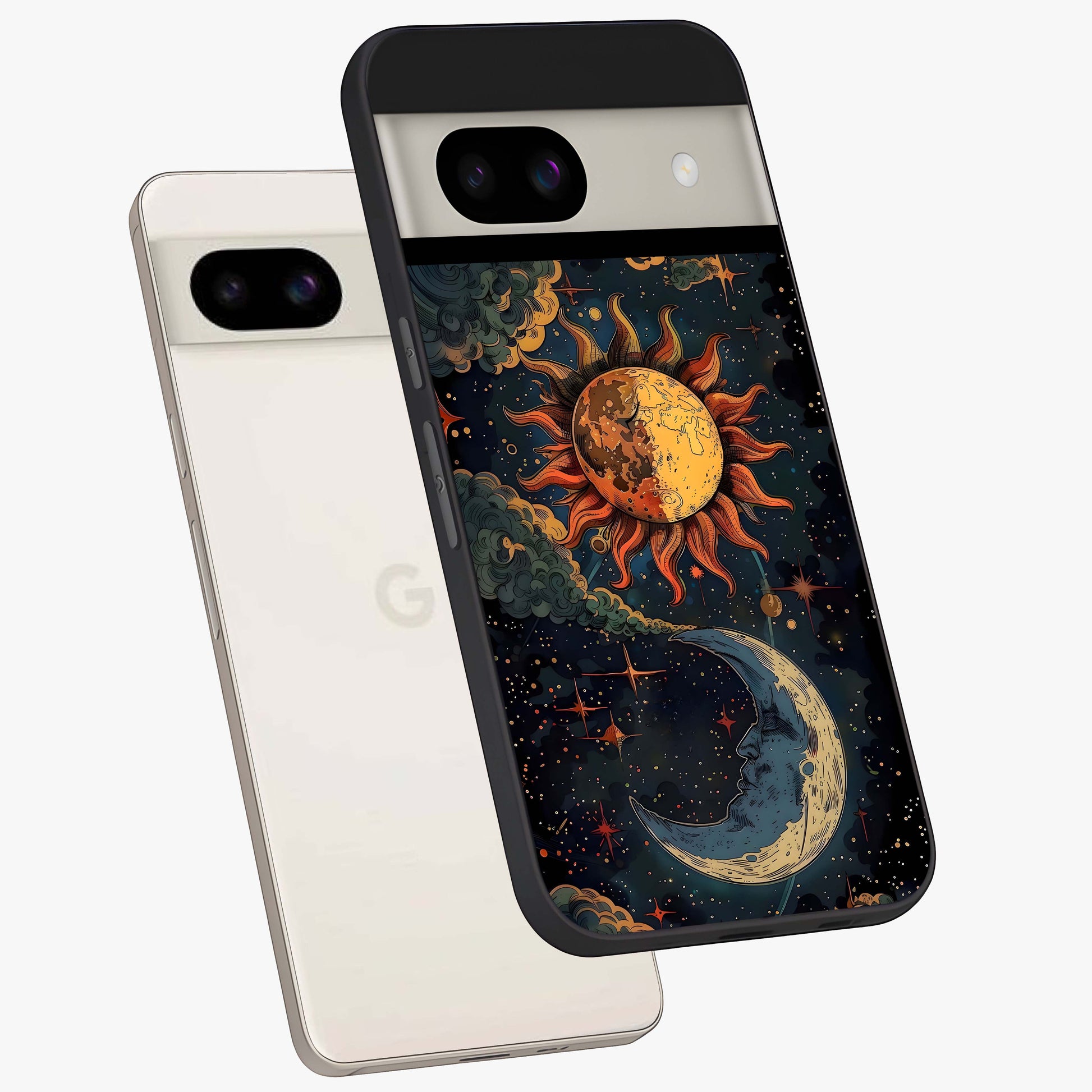 Sun And Moon Magic Design Glass Case displayed in angled mockup highlighting celestial design with magical cosmic aesthetic.