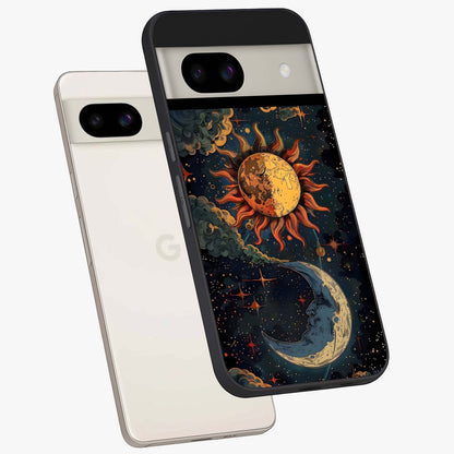 Sun And Moon Magic Design Glass Case displayed in angled mockup highlighting celestial design with magical cosmic aesthetic.