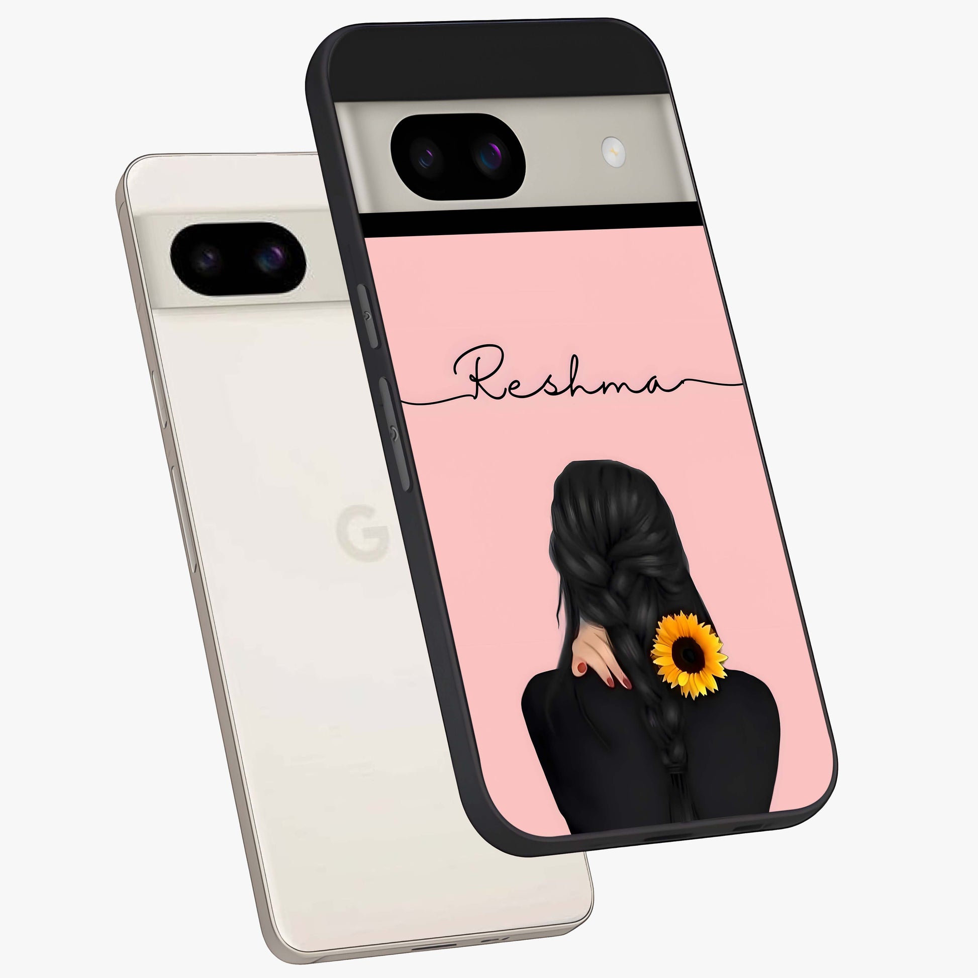 Sunflower Braid Beauty With Custom Name Glass Case displayed in angled mockup highlighting elegant sunflower design with custom name feature.