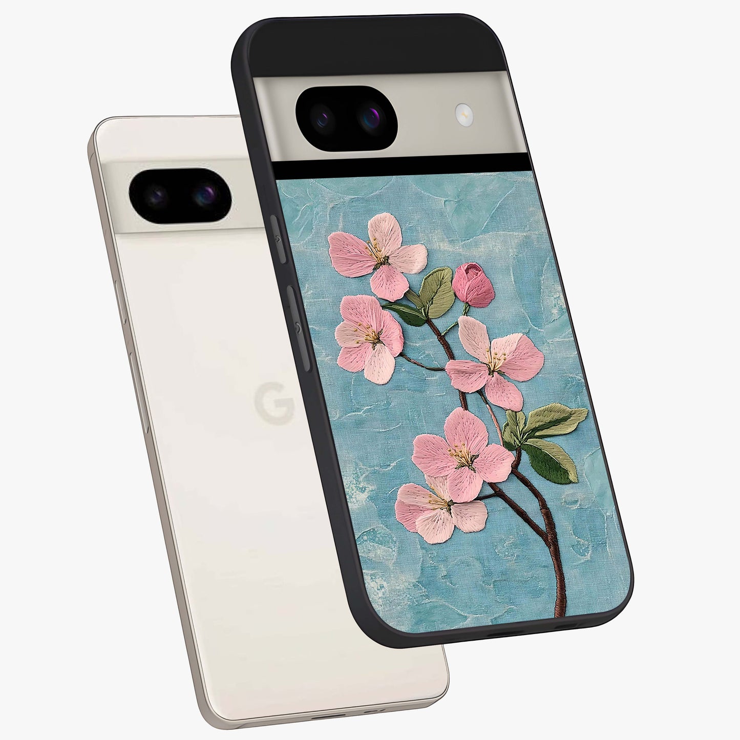 Threaded Blossom Breeze Glass Case displayed in angled mockup highlighting elegant floral design with soft aesthetic style.