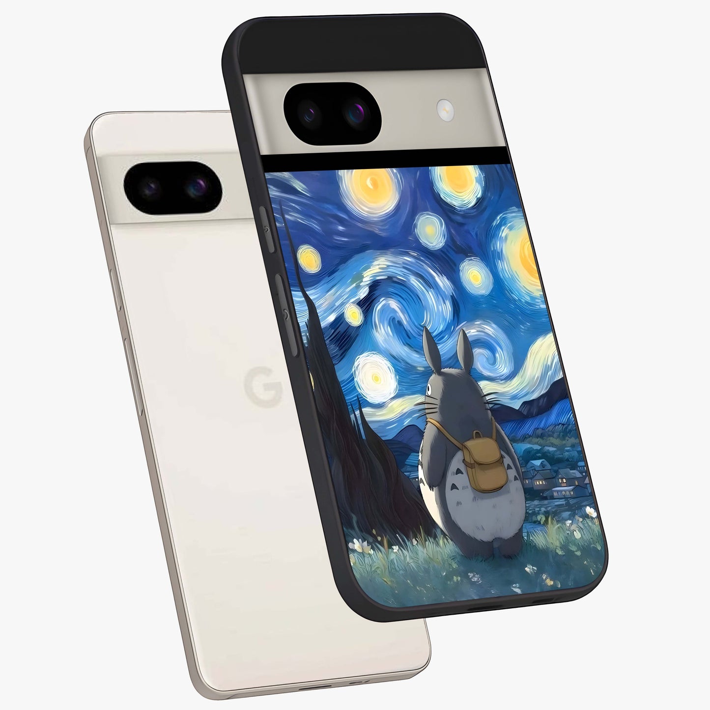 Totoro In Van Gogh Art Glass Case displayed in angled mockup highlighting artistic swirling sky design with playful animation aesthetic.