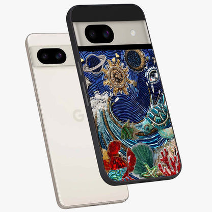 Universe Underwater Spark Glass Case displayed in angled mockup highlighting glowing aquatic design with celestial aesthetic.