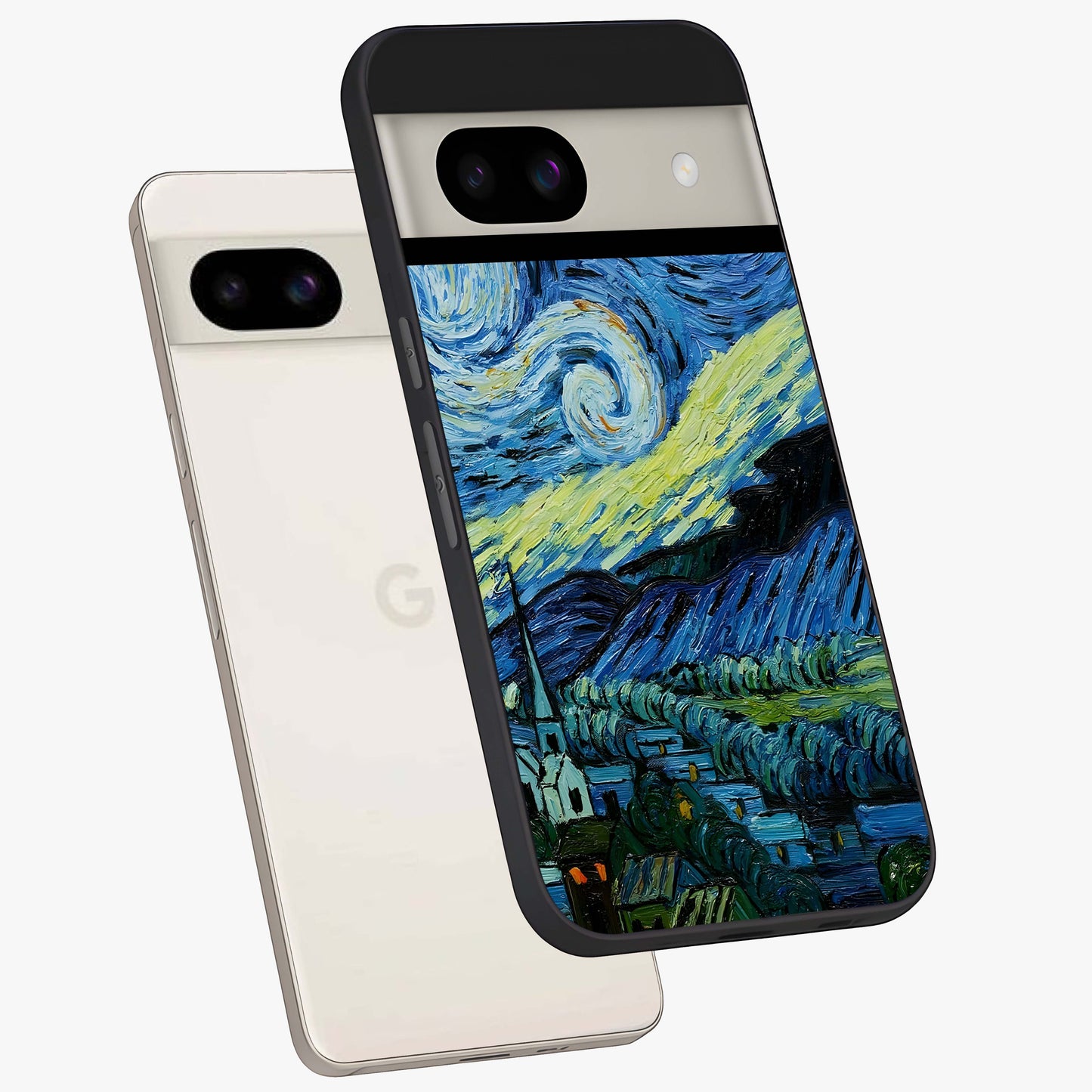 Van Gogh Art Glass Case displayed in angled mockup highlighting swirling brushstroke design with artistic aesthetic.
