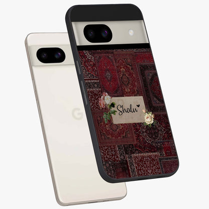Velvet Wine Pattern Custom Name Glass Case displayed in angled mockup highlighting decorative velvet inspired design with custom name feature.