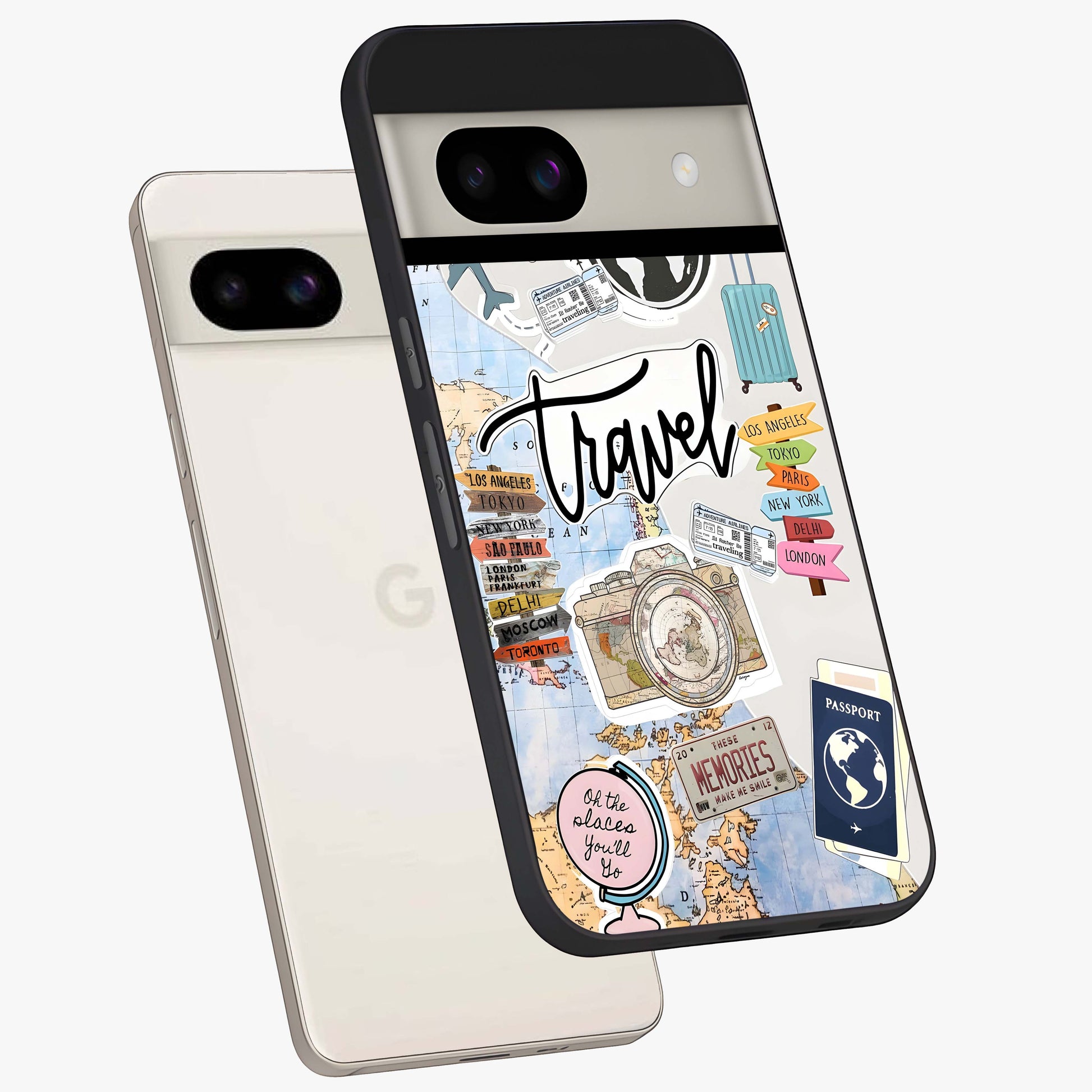 Wanderlust Journal Glass Case displayed in angled mockup highlighting adventure themed design with aesthetic travel vibe.