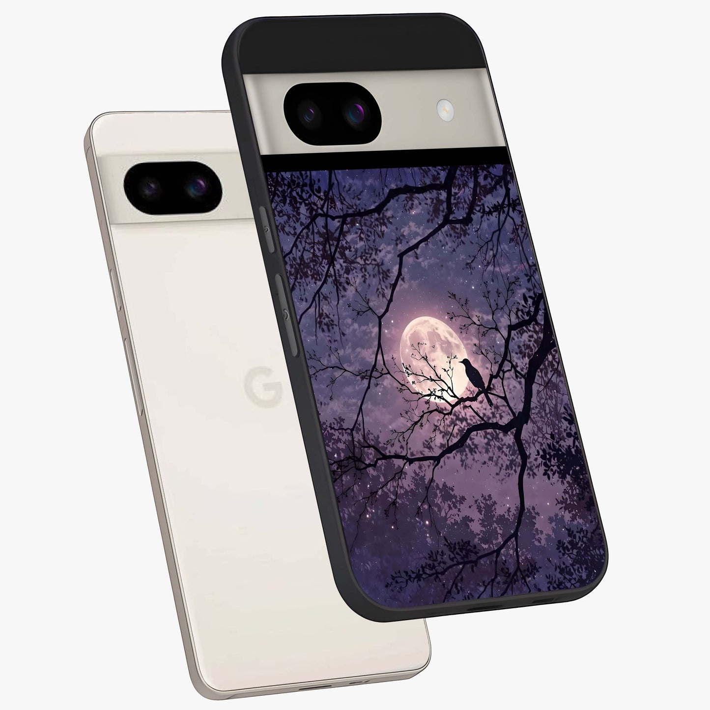 Whispering Moon Silence Glass Case displayed in angled mockup highlighting calm lunar design with dreamy night aesthetic.