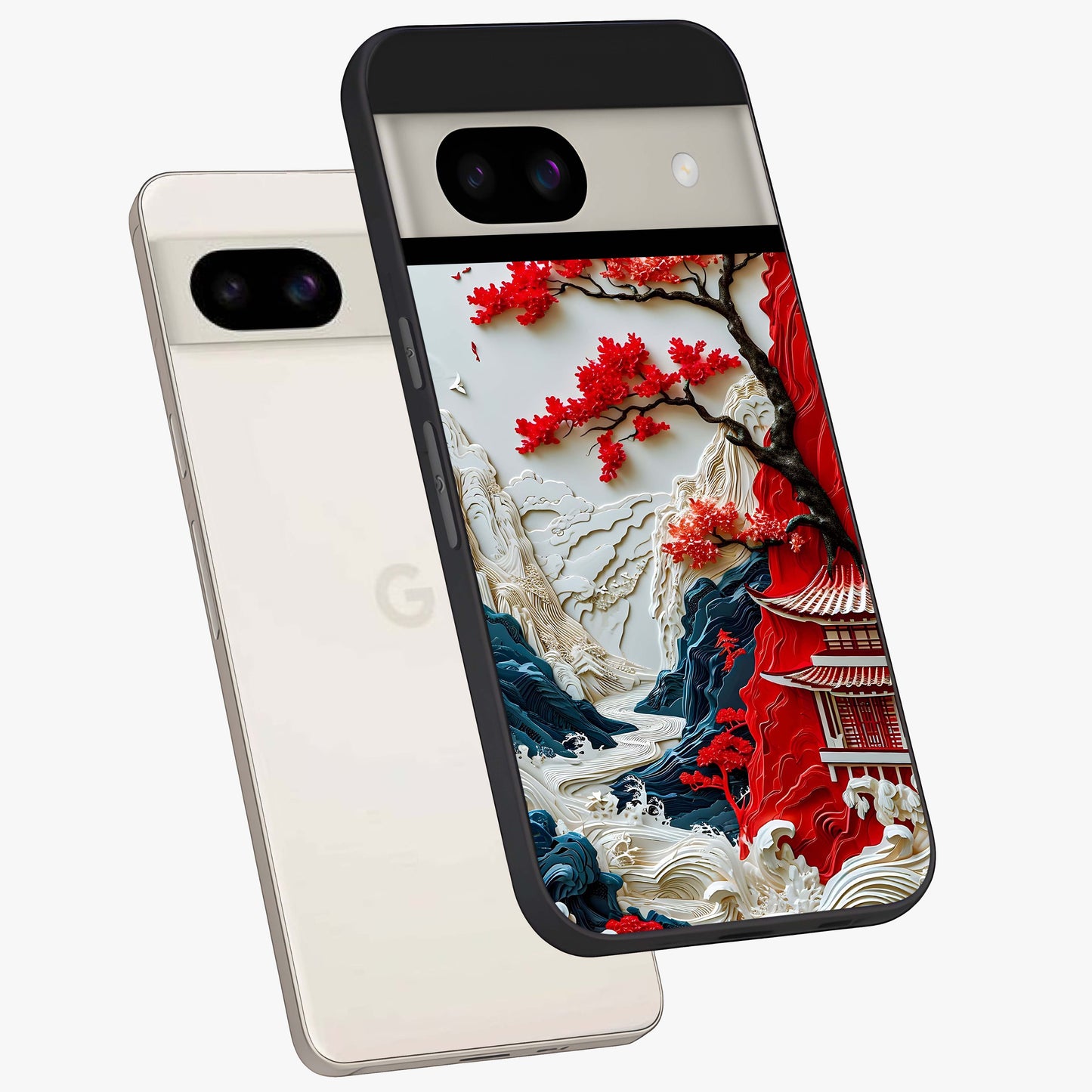 Whispers Of Sakura Waves Glass Case displayed in angled mockup highlighting flowing sakura design with soft floral aesthetic.