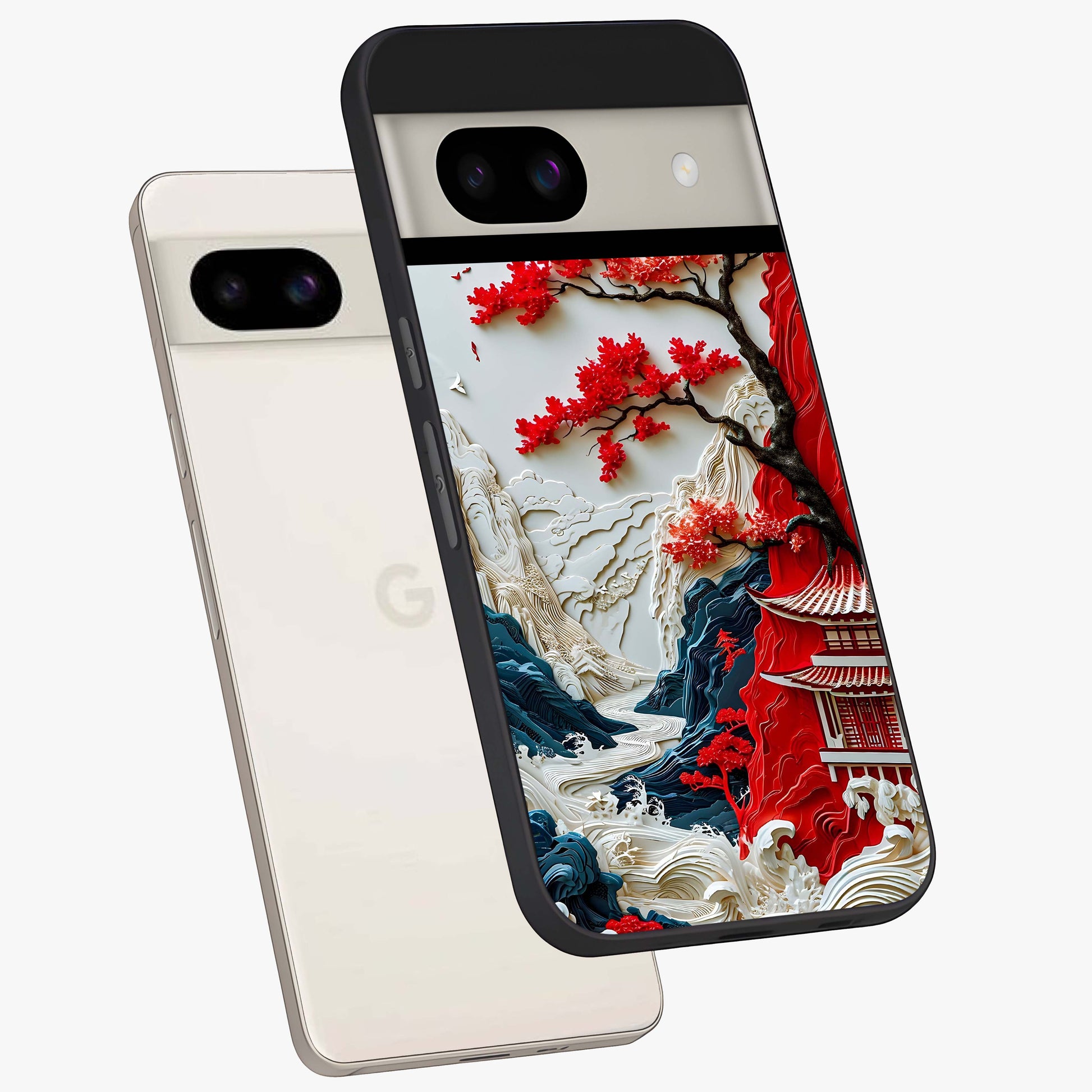 Whispers Of Sakura Waves Glass Case displayed in angled mockup highlighting flowing sakura design with soft floral aesthetic.