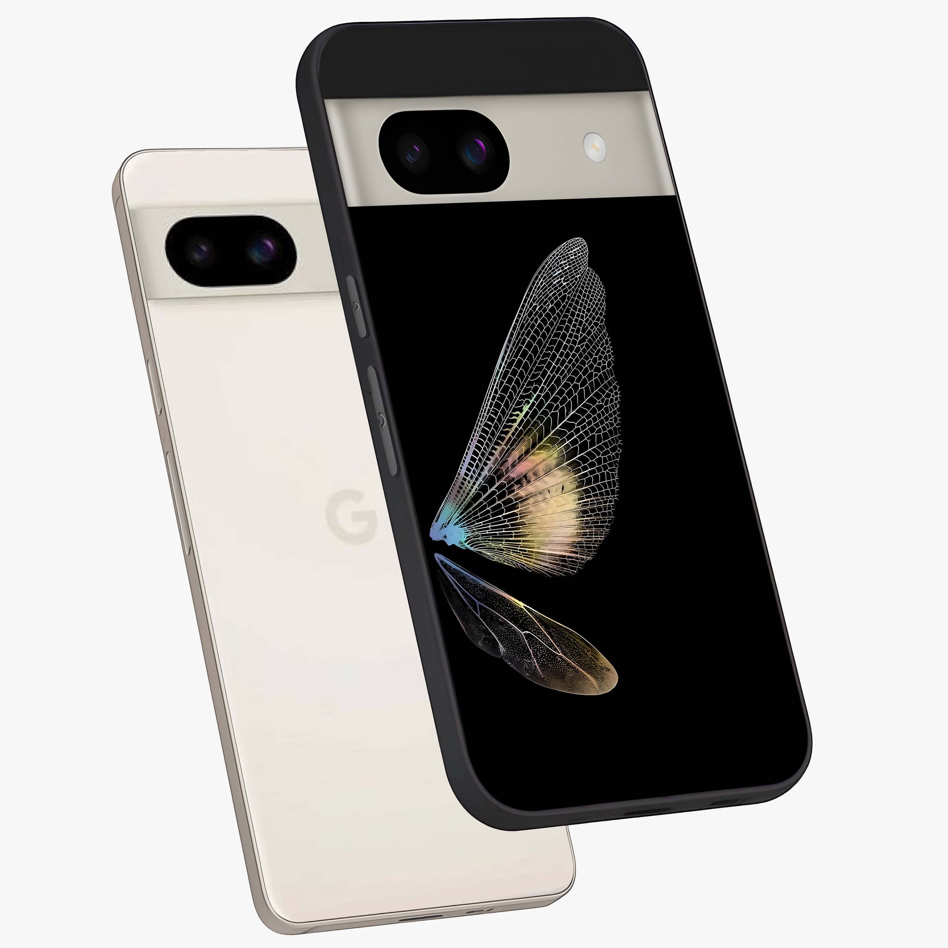 Whispers Of Wings Glass Case displayed in angled mockup highlighting soft feather design with celestial aesthetic style.