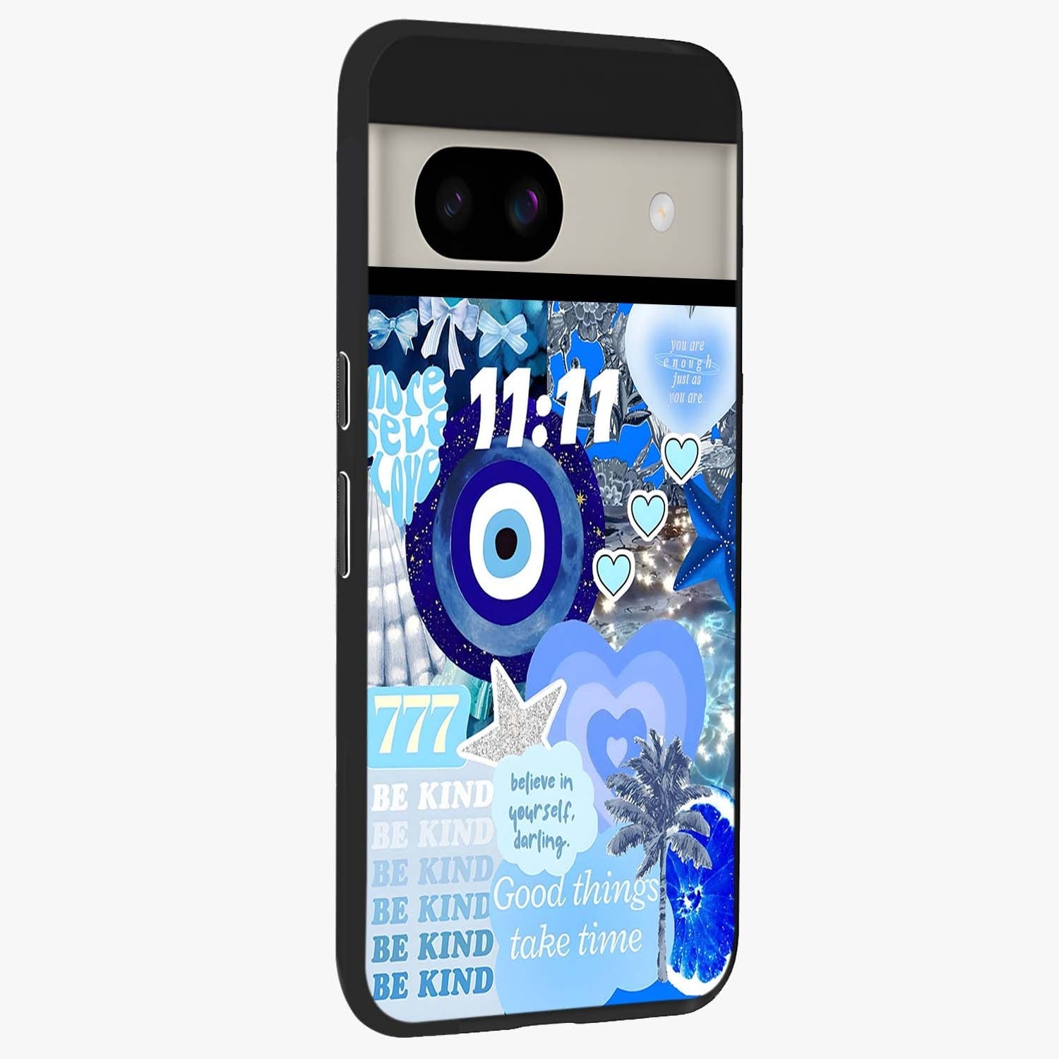 Aesthetic Be Kind Eye Glass Case upright view showcasing stylish eye illustration with positive message theme.