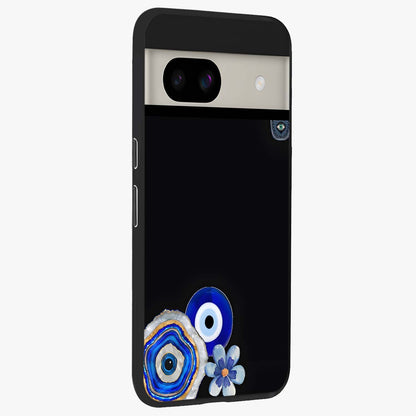 Aesthetic Blue Evil Eye Glass Case upright view showcasing mystical evil eye graphic with minimal aesthetic style.