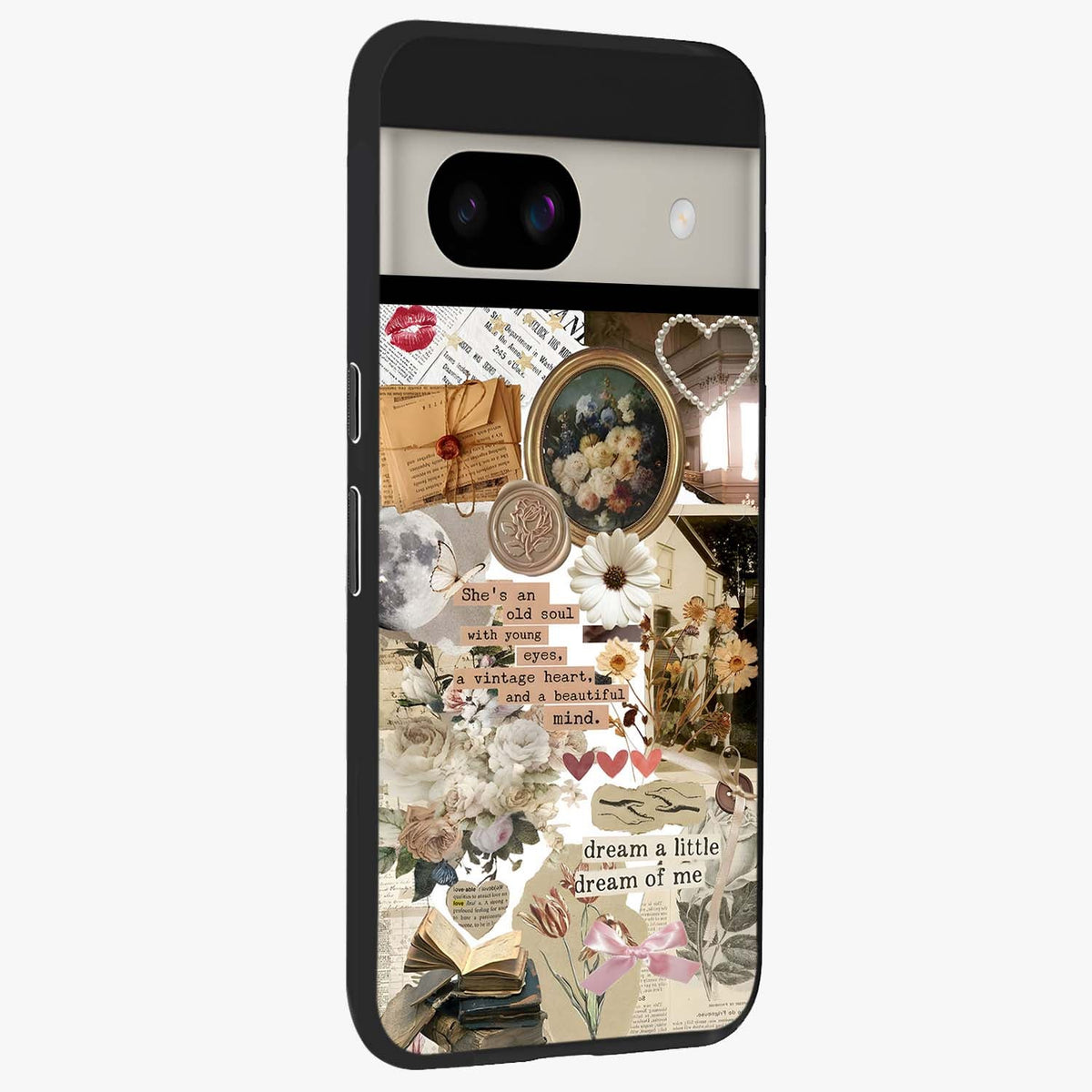 Aesthetic Brown Vintage Collage Glass Case upright view showcasing nostalgic retro artwork with stylish vintage theme.