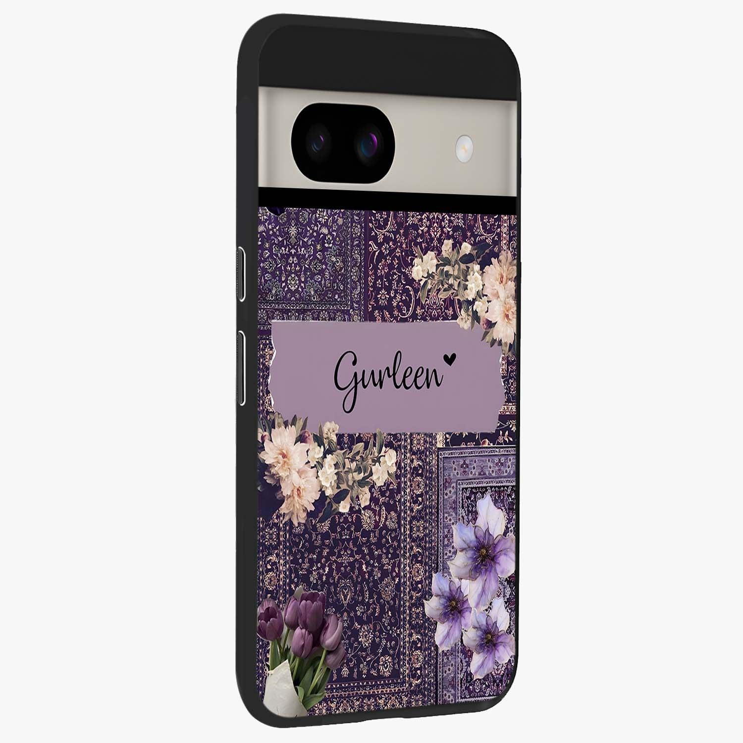 Antique Floral Whisper Custom Name Glass Case upright view showcasing delicate floral artwork with custom name feature.