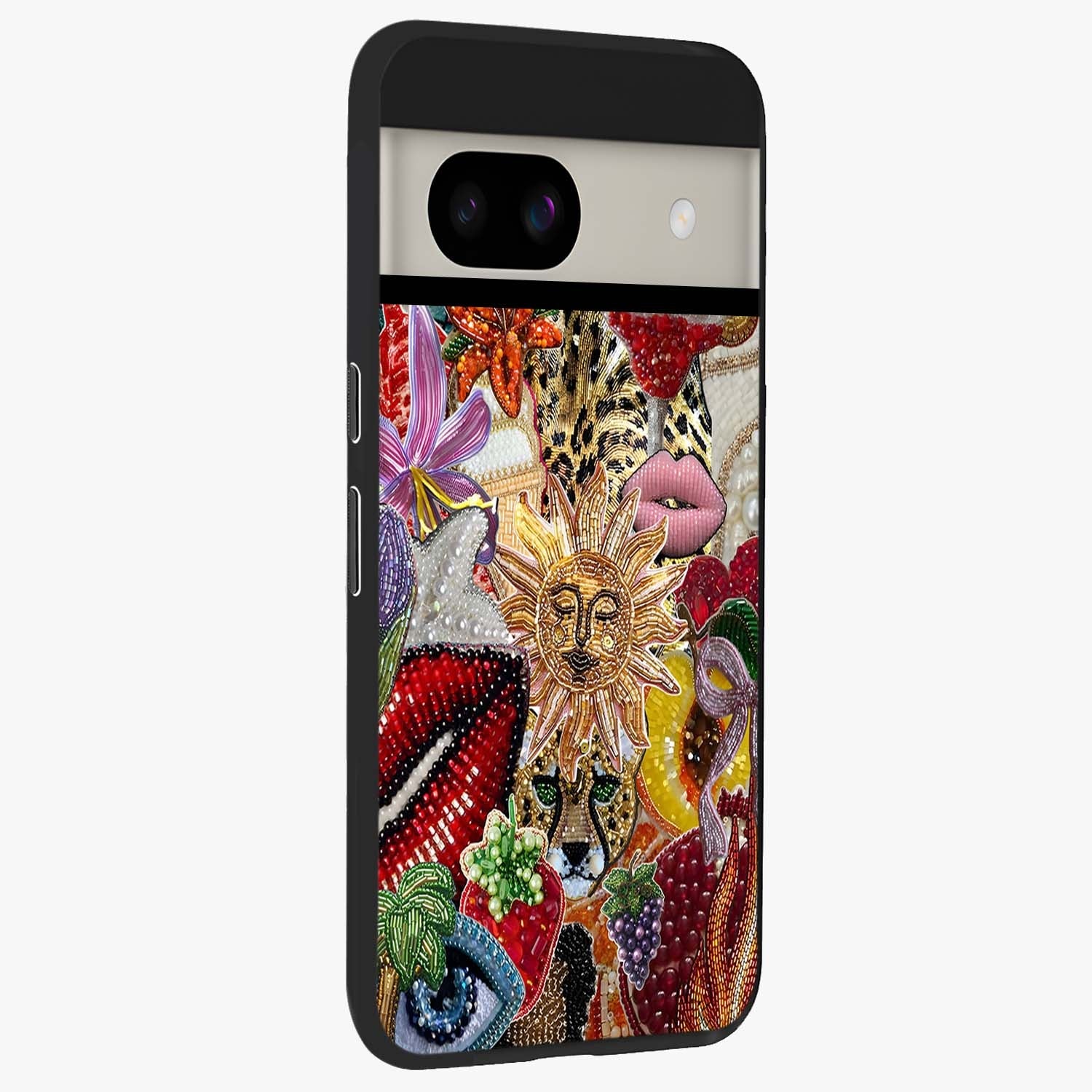 Beaded Fashion Jungle Glass Case upright view showcasing tropical jungle aesthetic with decorative bead elements.