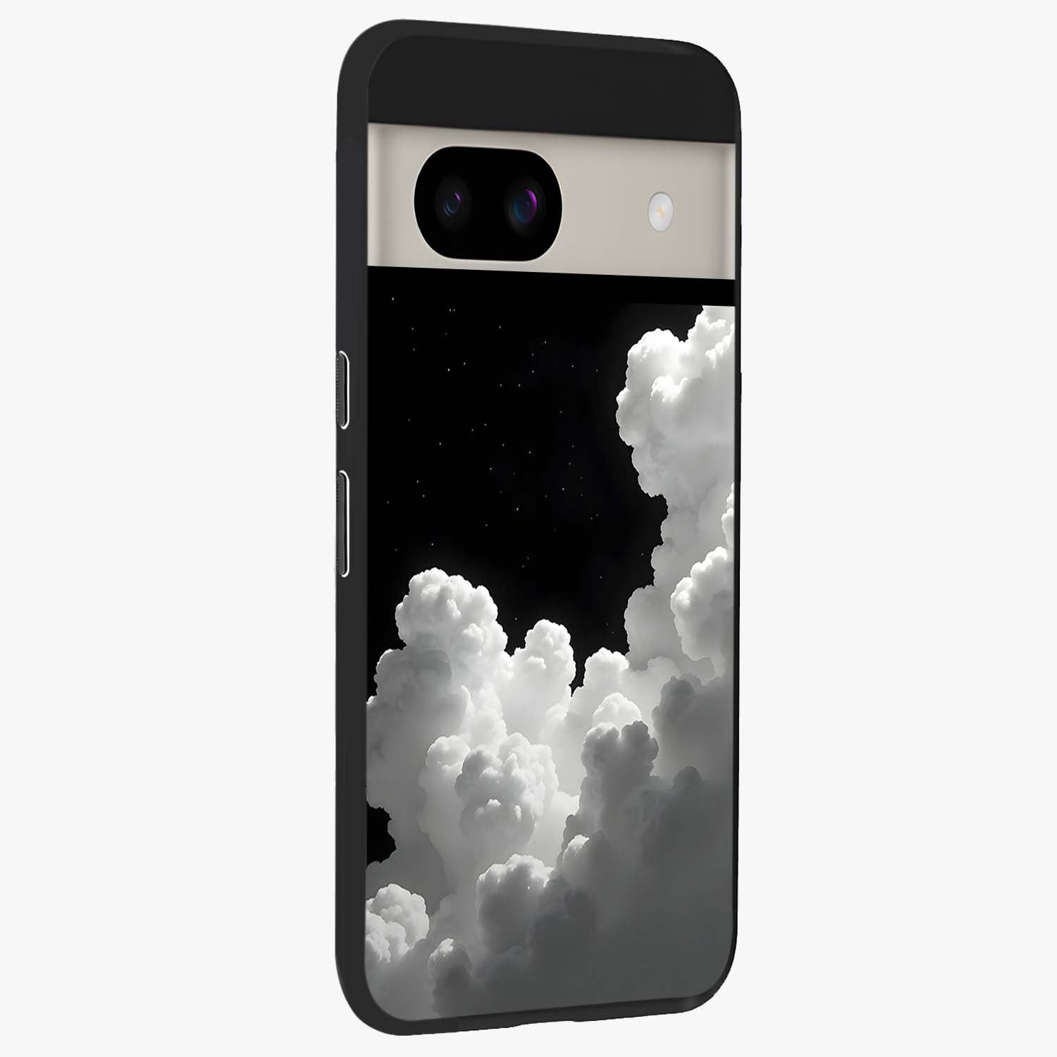 Black Background With White Cloud Glass Case upright view showcasing calm cloud aesthetic with modern minimal style.