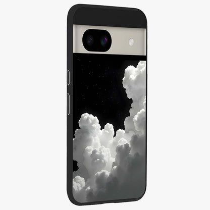 Black Background With White Cloud Glass Case upright view showcasing calm cloud aesthetic with modern minimal style.