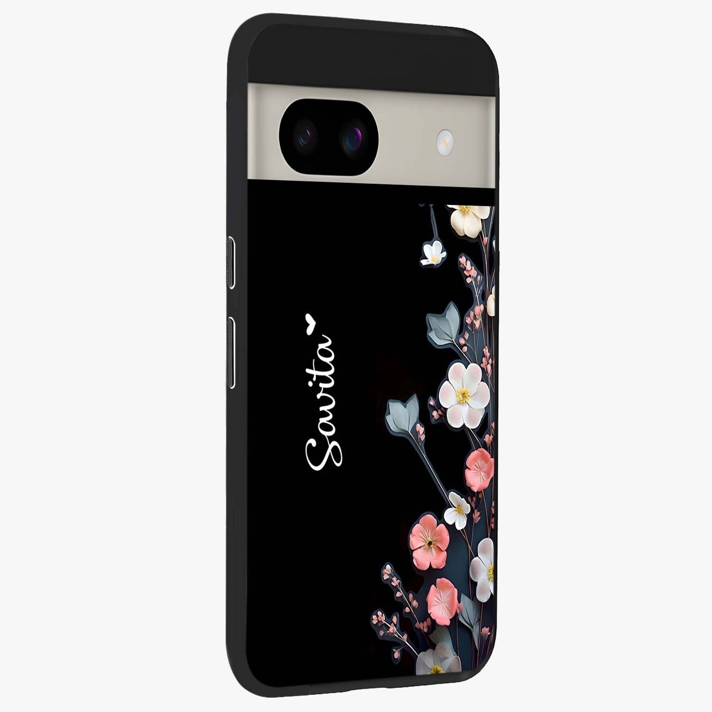 Black Elegance Floral Custom Name Glass Case upright view showcasing luxurious black floral design with personalized name detail.