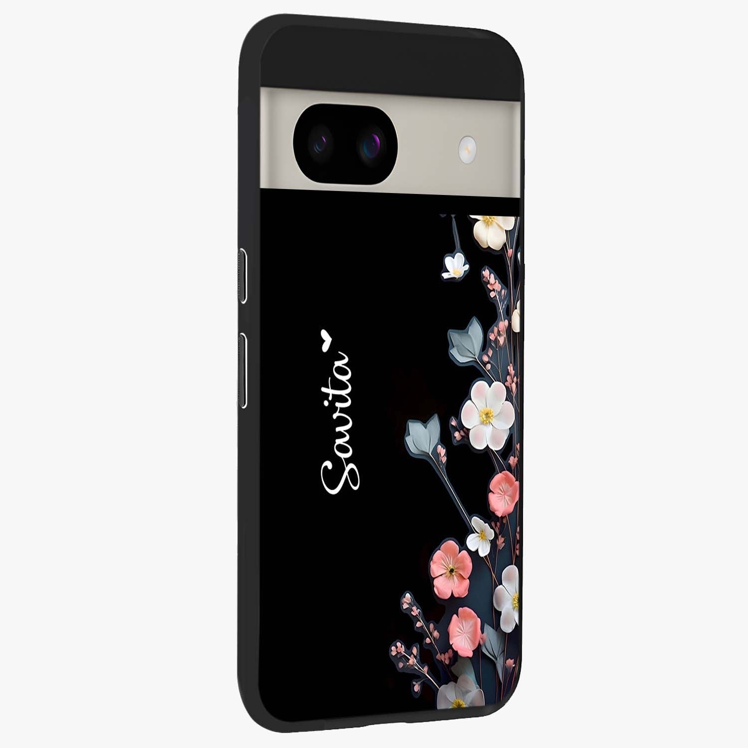 Black Elegance Floral Custom Name Glass Case upright view showcasing luxurious black floral design with personalized name detail.
