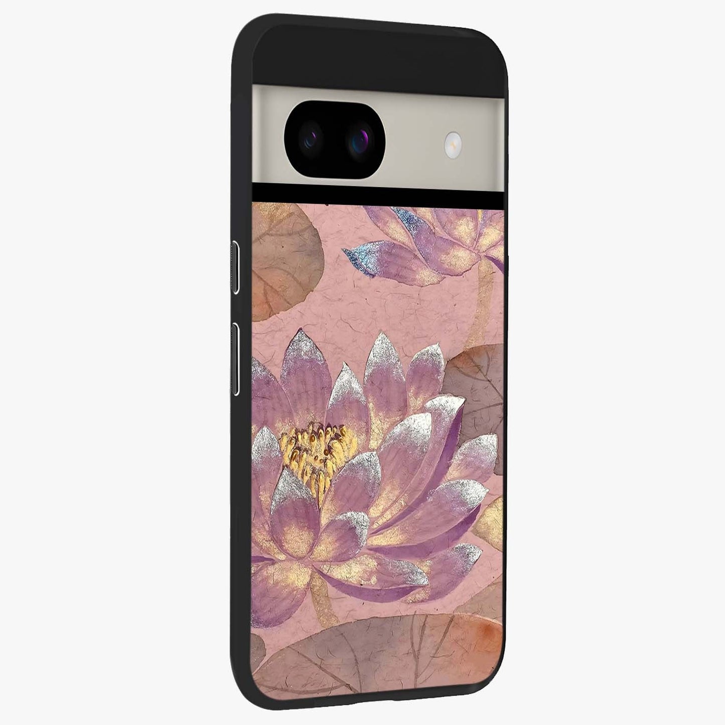 Blossom Mist Lotus Glass Case upright view showcasing graceful lotus flower design with peaceful botanical style.