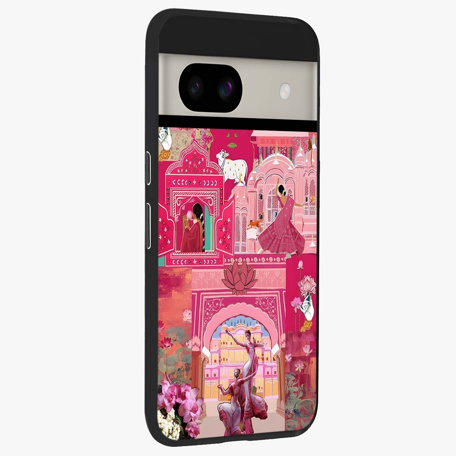Blossoms of Rajasthan Glass Case upright view showcasing colorful floral design inspired by traditional Indian art.
