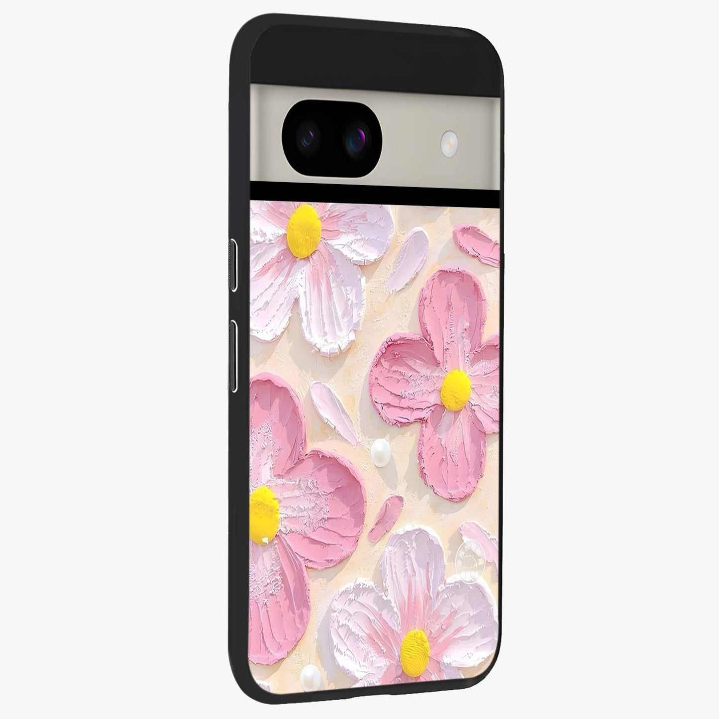 Blush Bloom Texture Glass Case upright view showcasing delicate blush floral texture with modern minimal style.