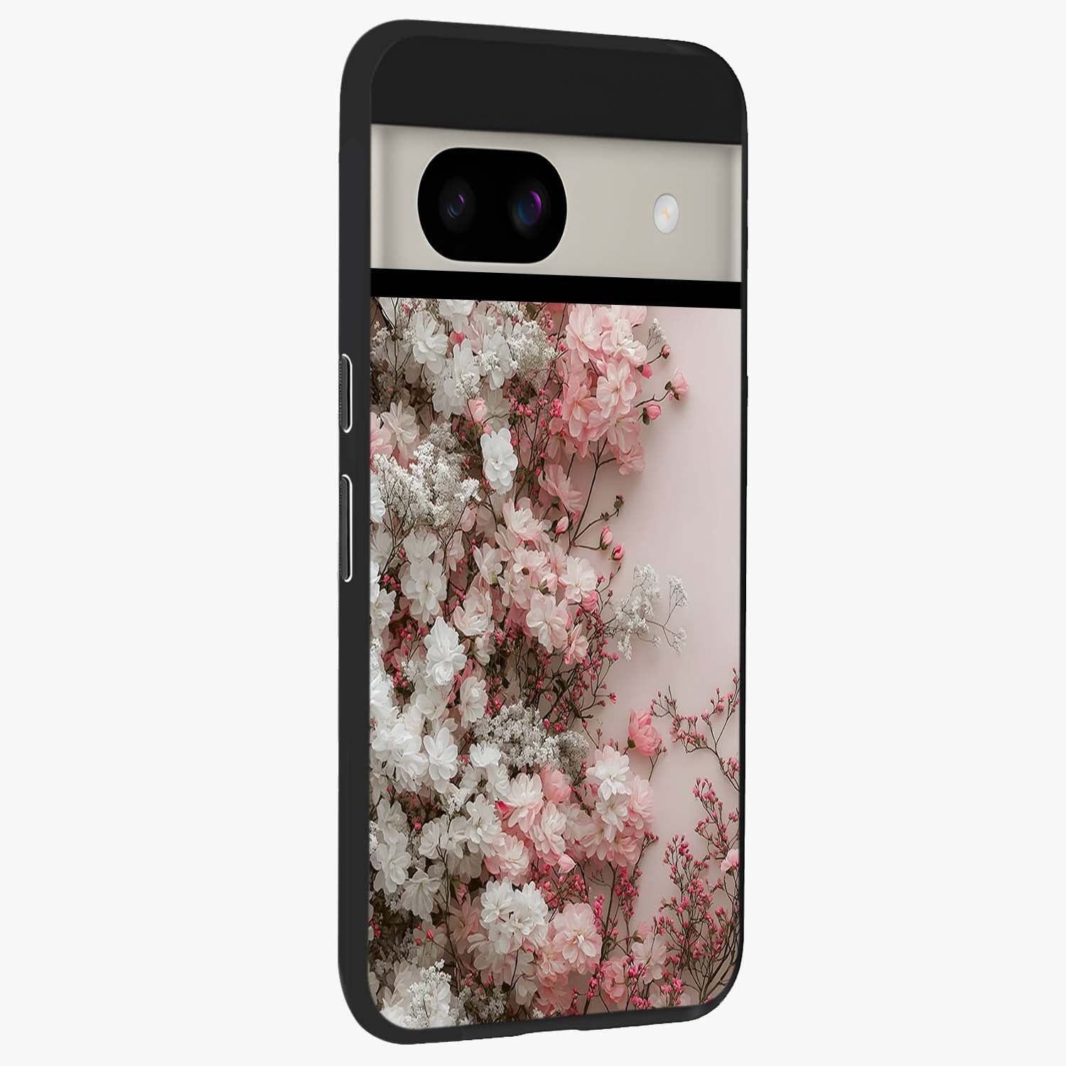Blush Blossom Cloud Glass Case upright view showcasing calm floral cloud artwork with gentle dreamy theme.