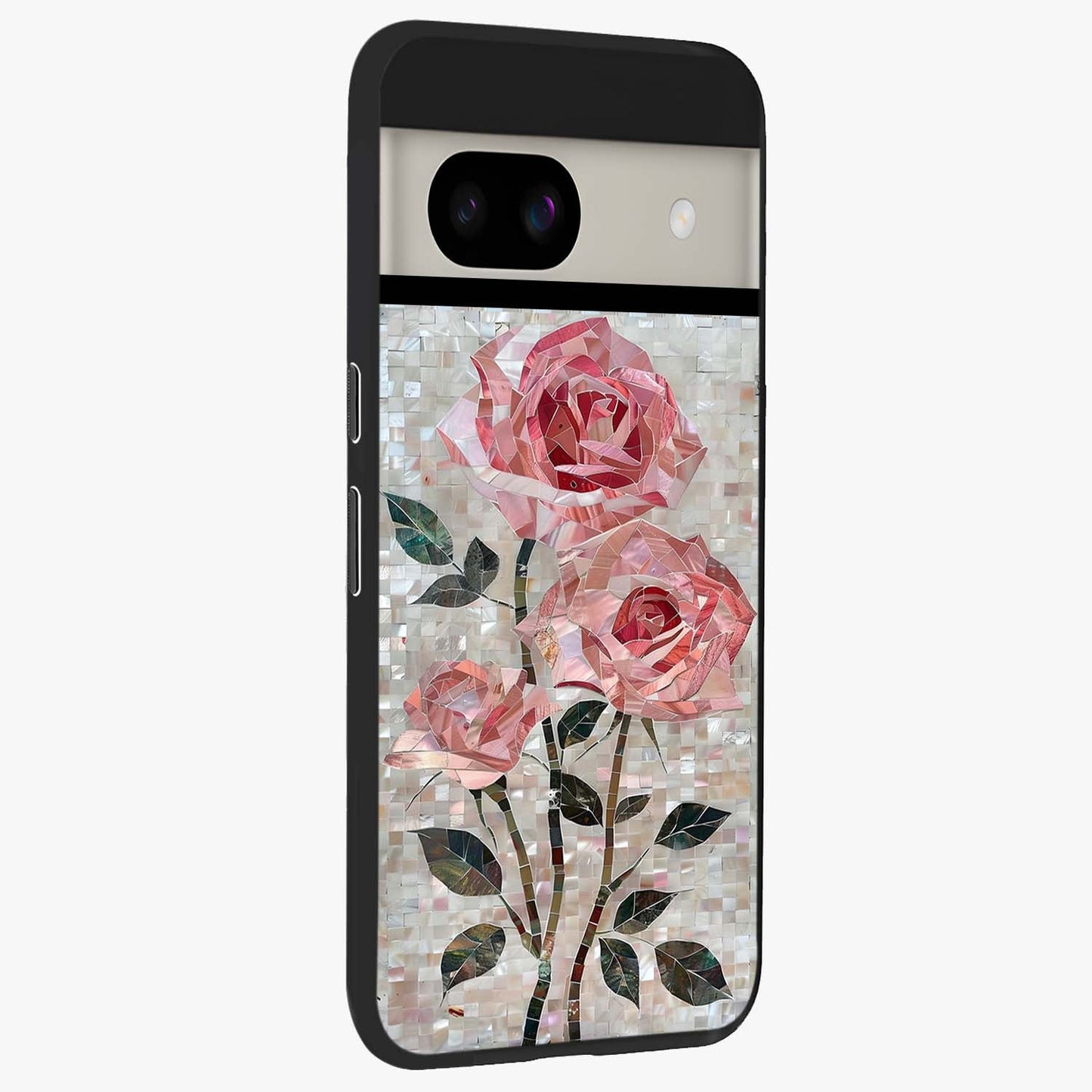 Blush Mosaic Bloom Glass Case upright view showcasing decorative floral mosaic artwork with stylish modern aesthetic.