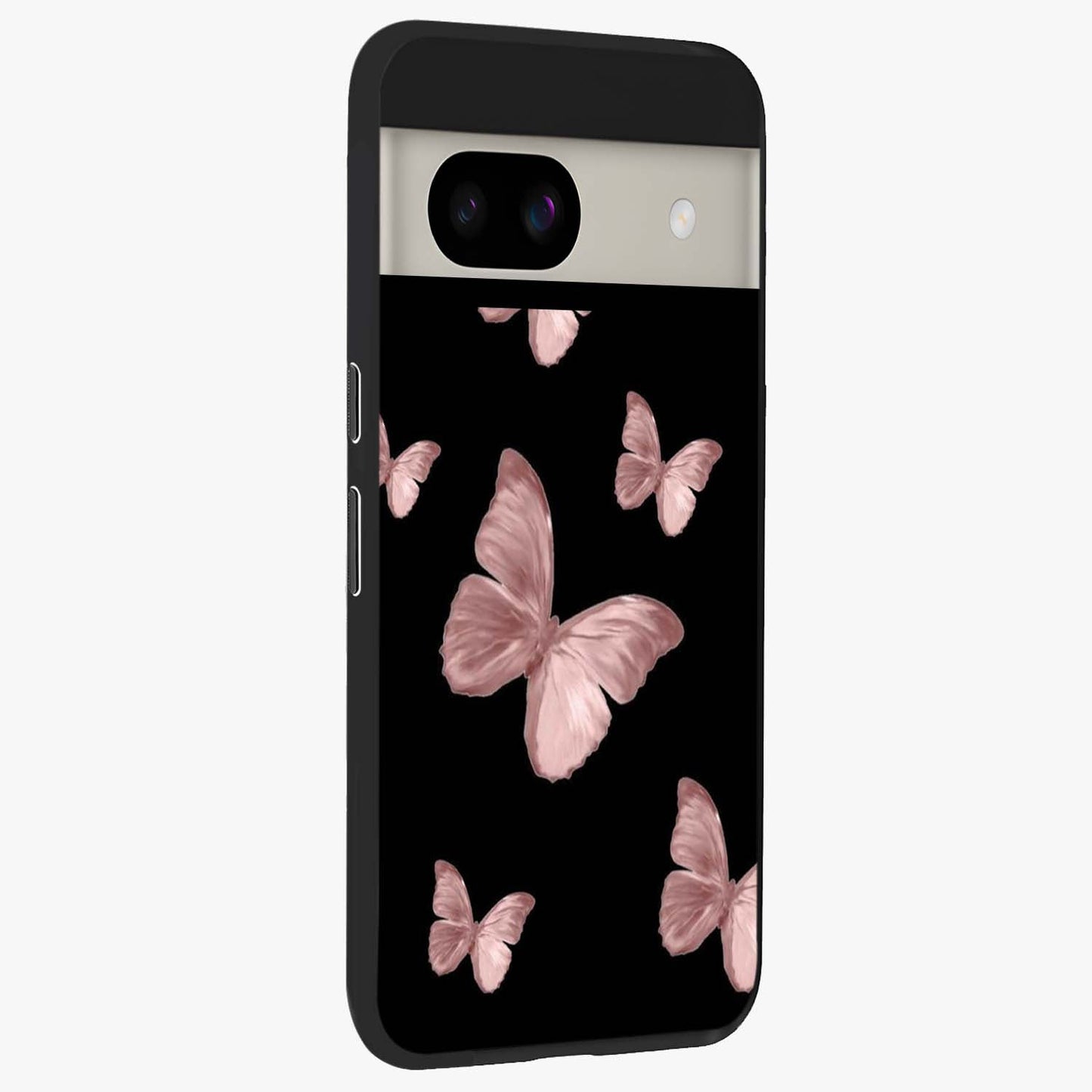 Butterfly Pattern Glass Case upright view showcasing graceful butterfly artwork with soft decorative theme.