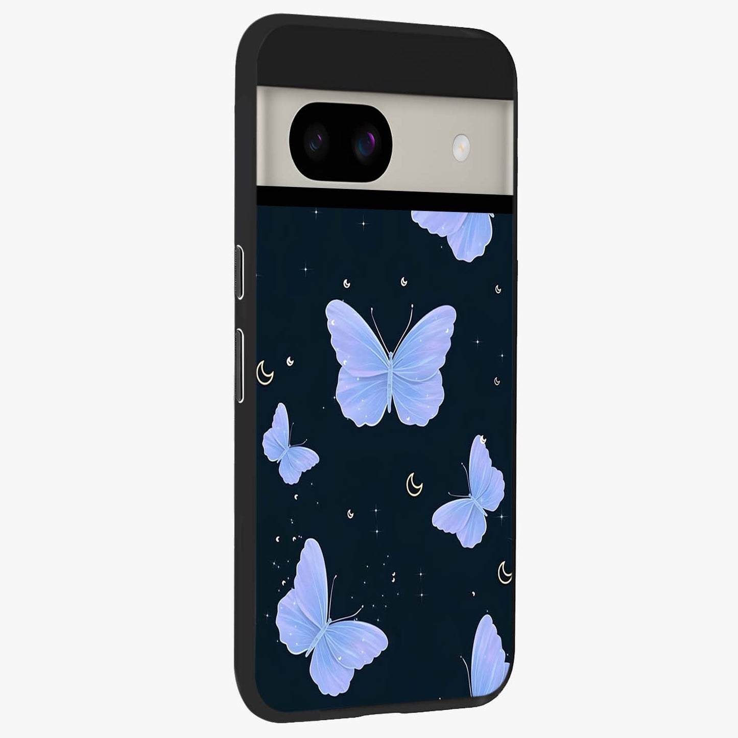 Butterfly With Stars Pattern Glass Case upright view showcasing celestial butterfly artwork with sparkling star elements.