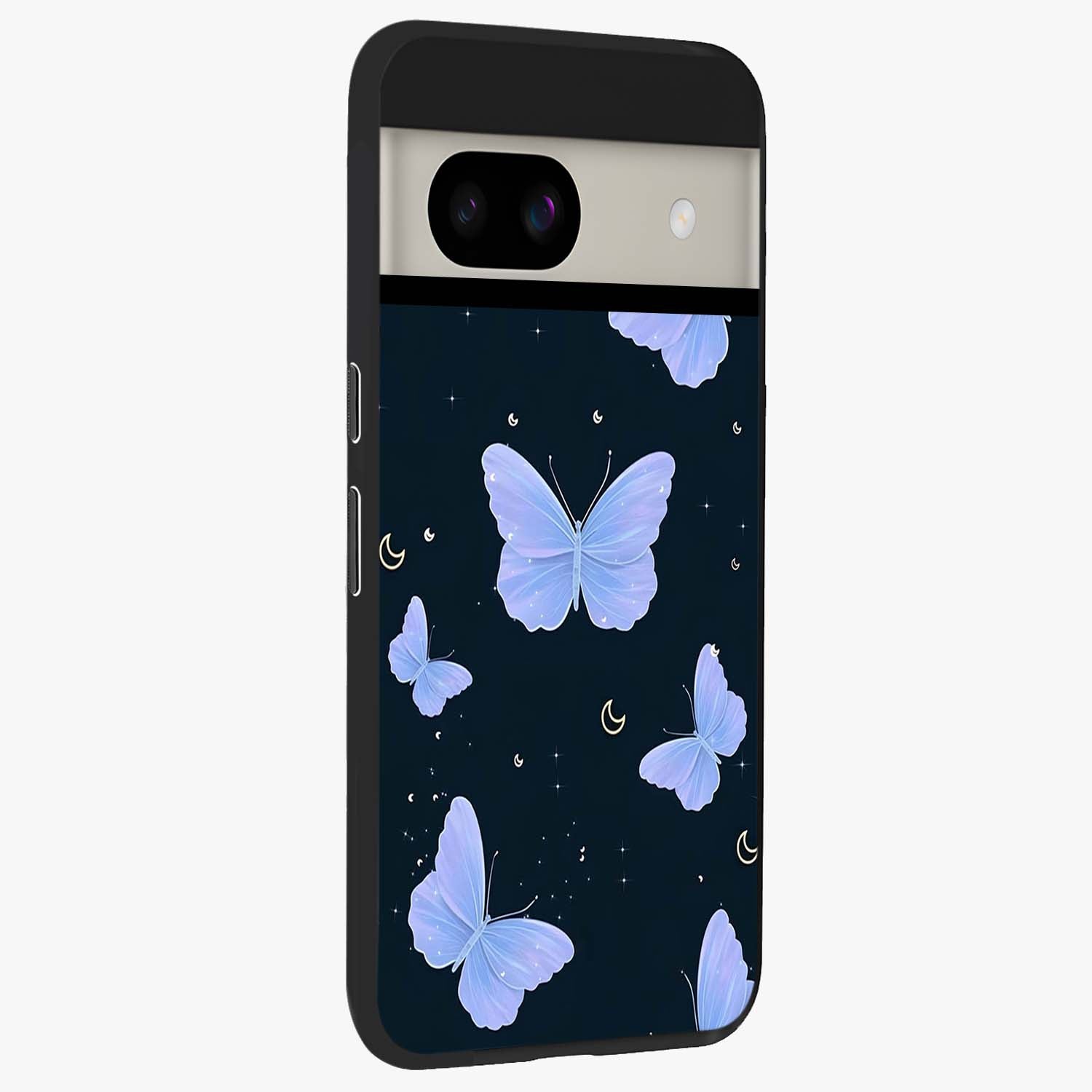 Butterfly With Stars Pattern Glass Case upright view showcasing celestial butterfly artwork with sparkling star elements.