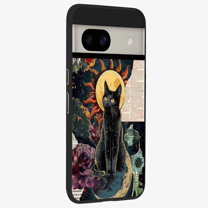 Celestial Black Cat Glass Case upright view showcasing magical black cat illustration with starry cosmic theme.