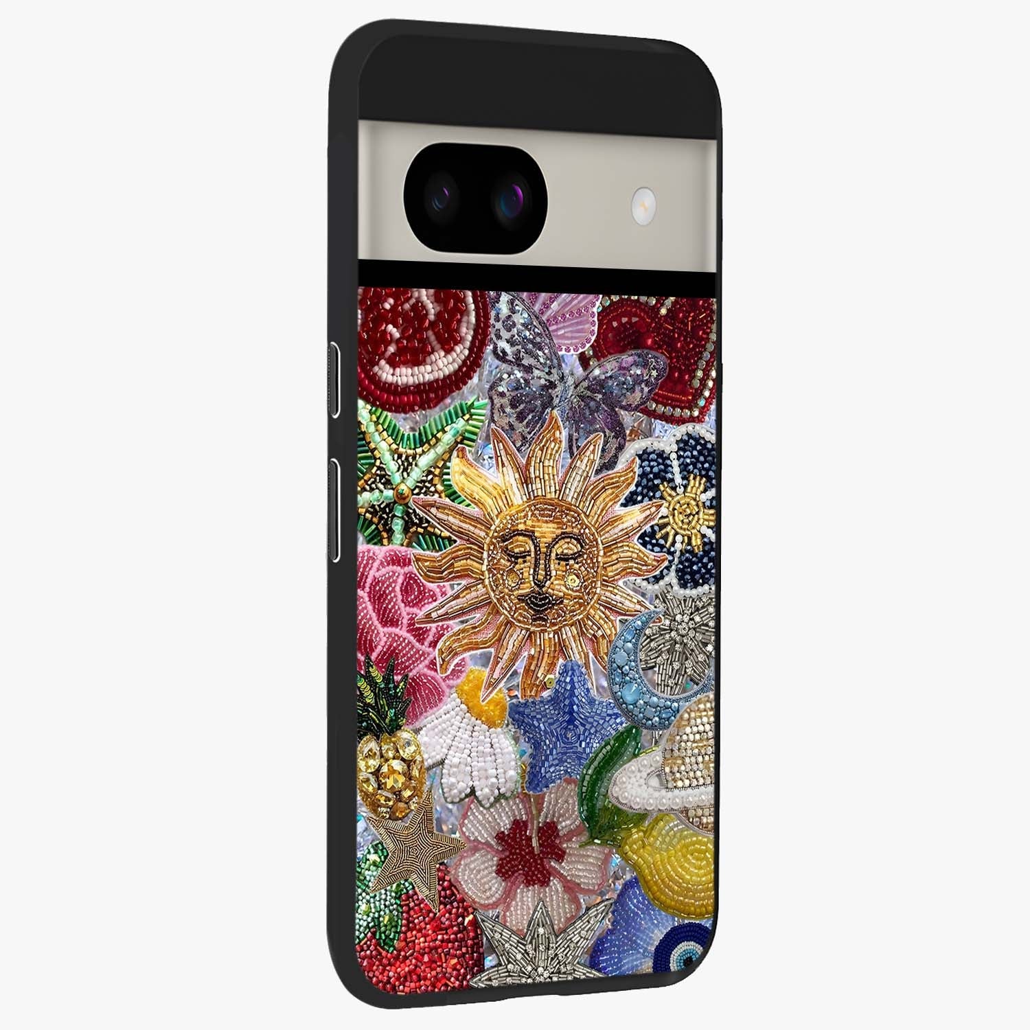 Celestial Floral and Playful Glass Case upright view showcasing whimsical floral artwork with cosmic aesthetic theme.