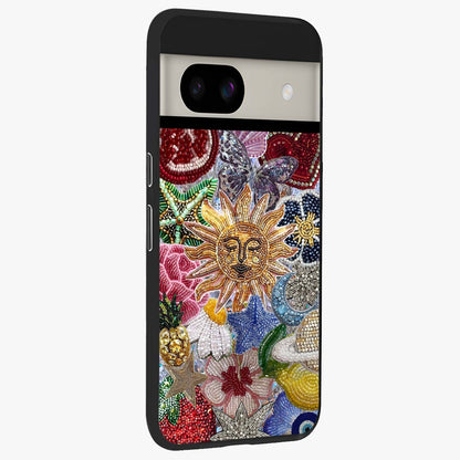 Celestial Floral and Playful Glass Case upright view showcasing whimsical floral artwork with cosmic aesthetic theme.