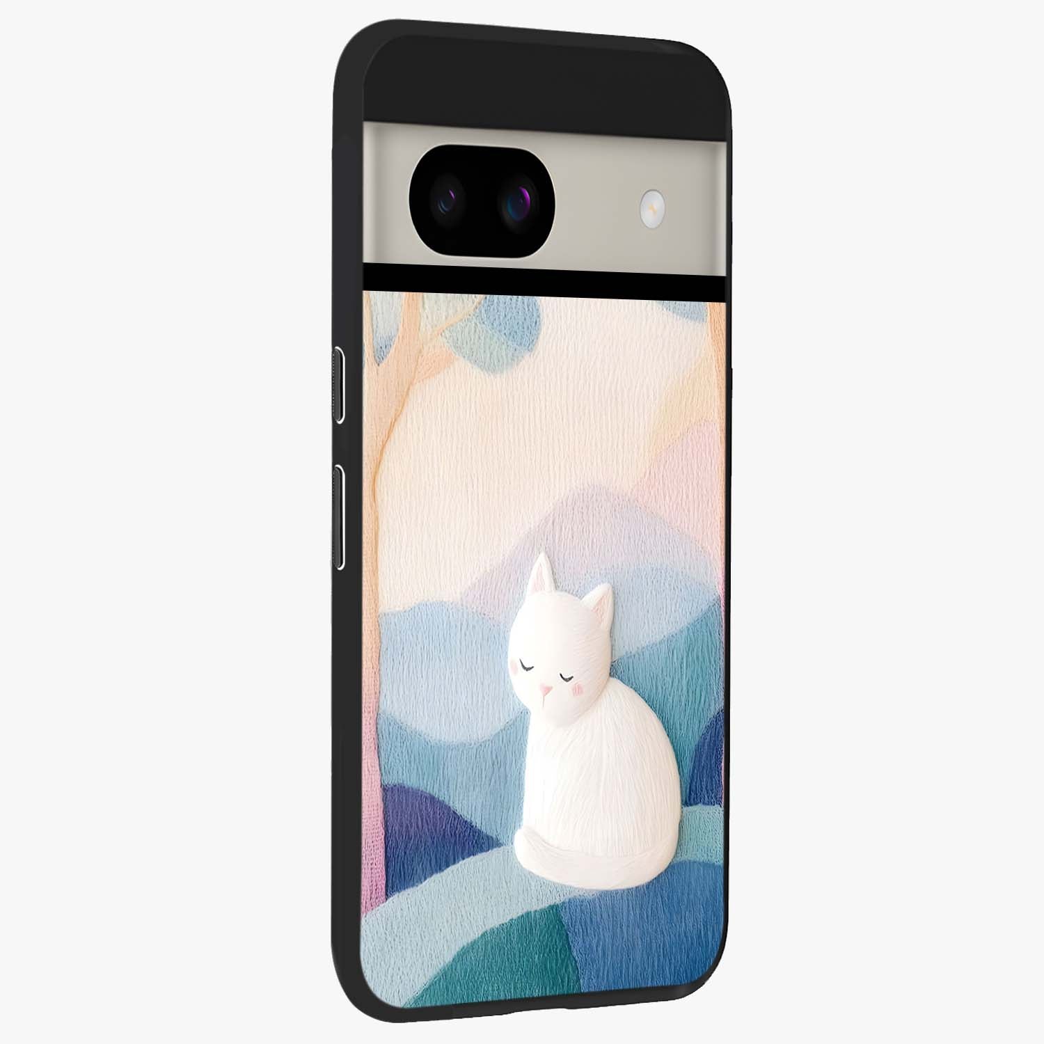Cotton Dream Cat Glass Case upright view showcasing charming cat artwork with cozy dreamy theme.
