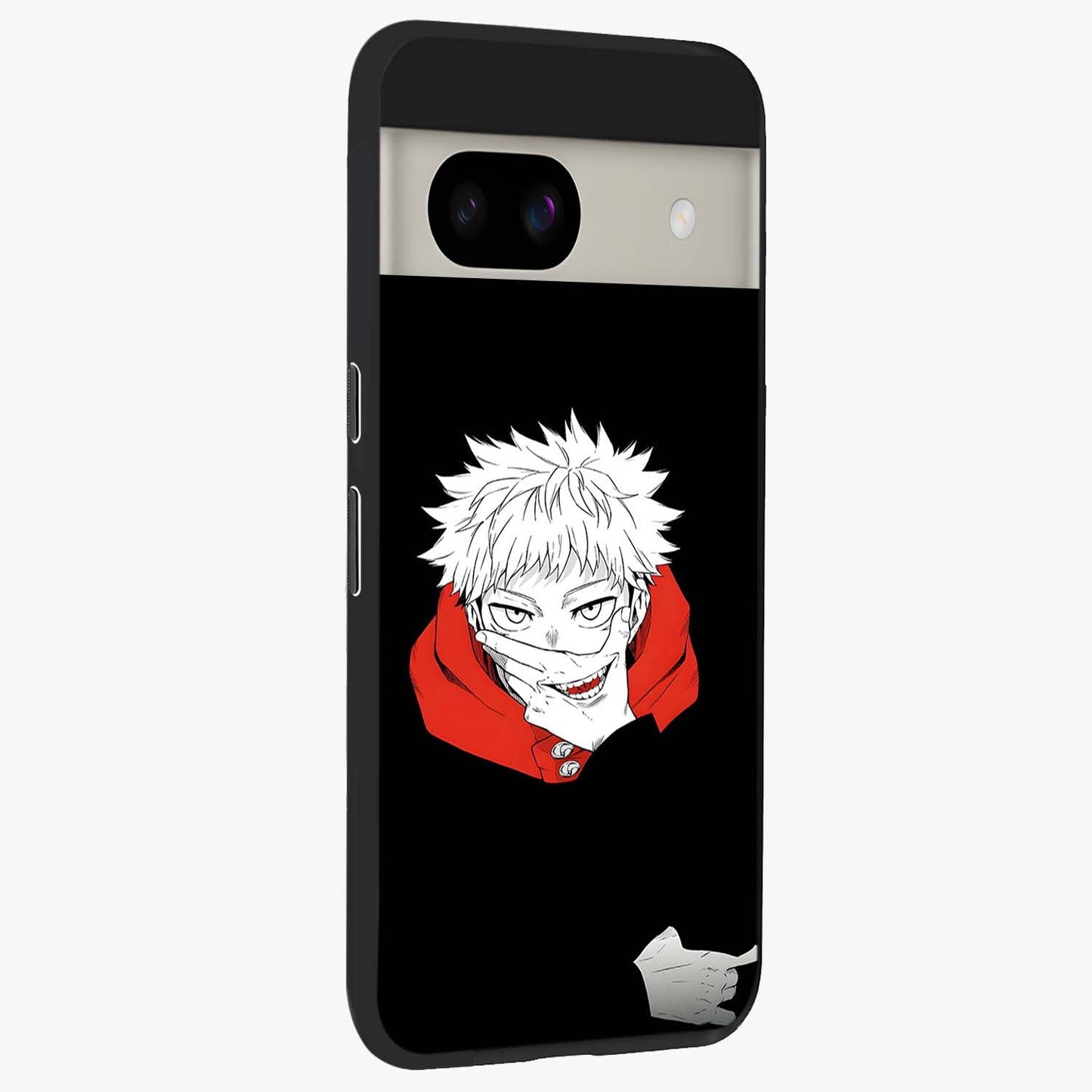 Crimson Chaos Smile Glass Case upright view showcasing expressive chaotic artwork with striking visual theme.