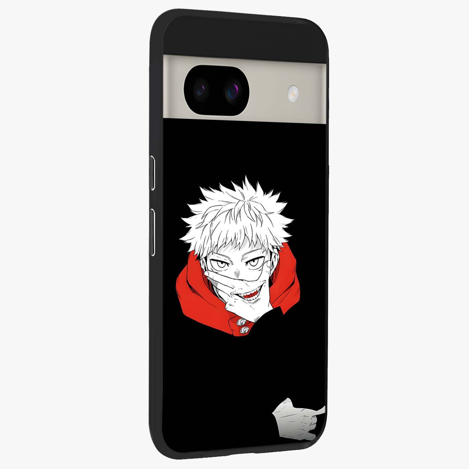 Crimson Chaos Smile Glass Case upright view showcasing expressive chaotic artwork with striking visual theme.