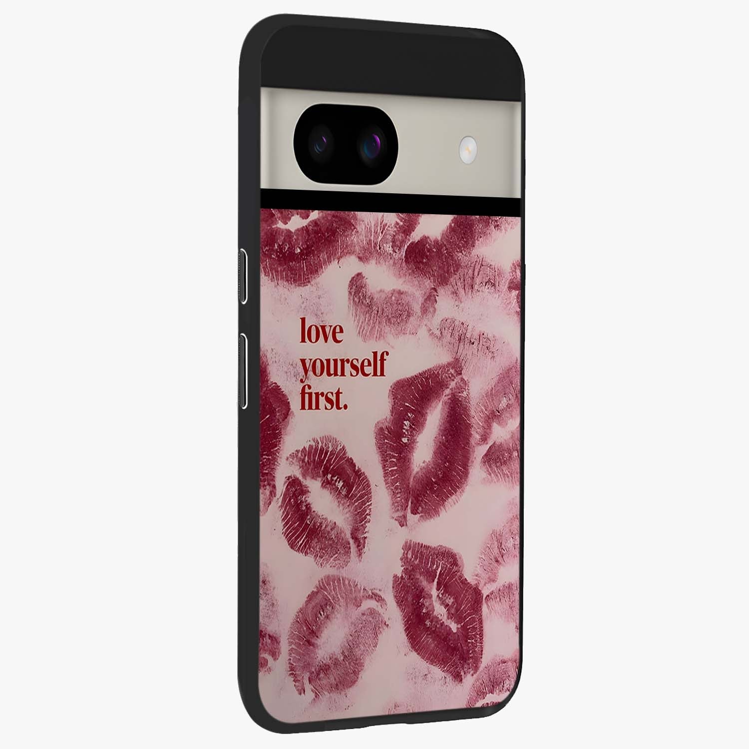 Crimson Kiss Love Glass Case upright view showcasing expressive romantic artwork with deep crimson theme.