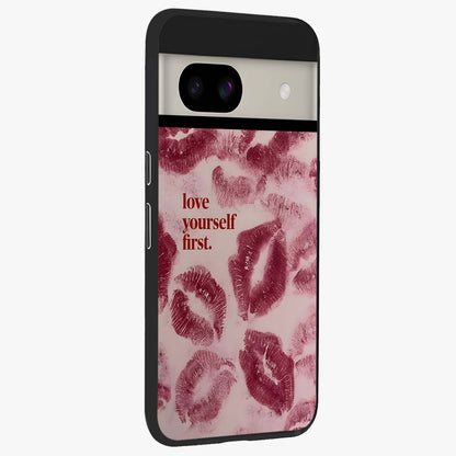 Crimson Kiss Love Glass Case upright view showcasing expressive romantic artwork with deep crimson theme.