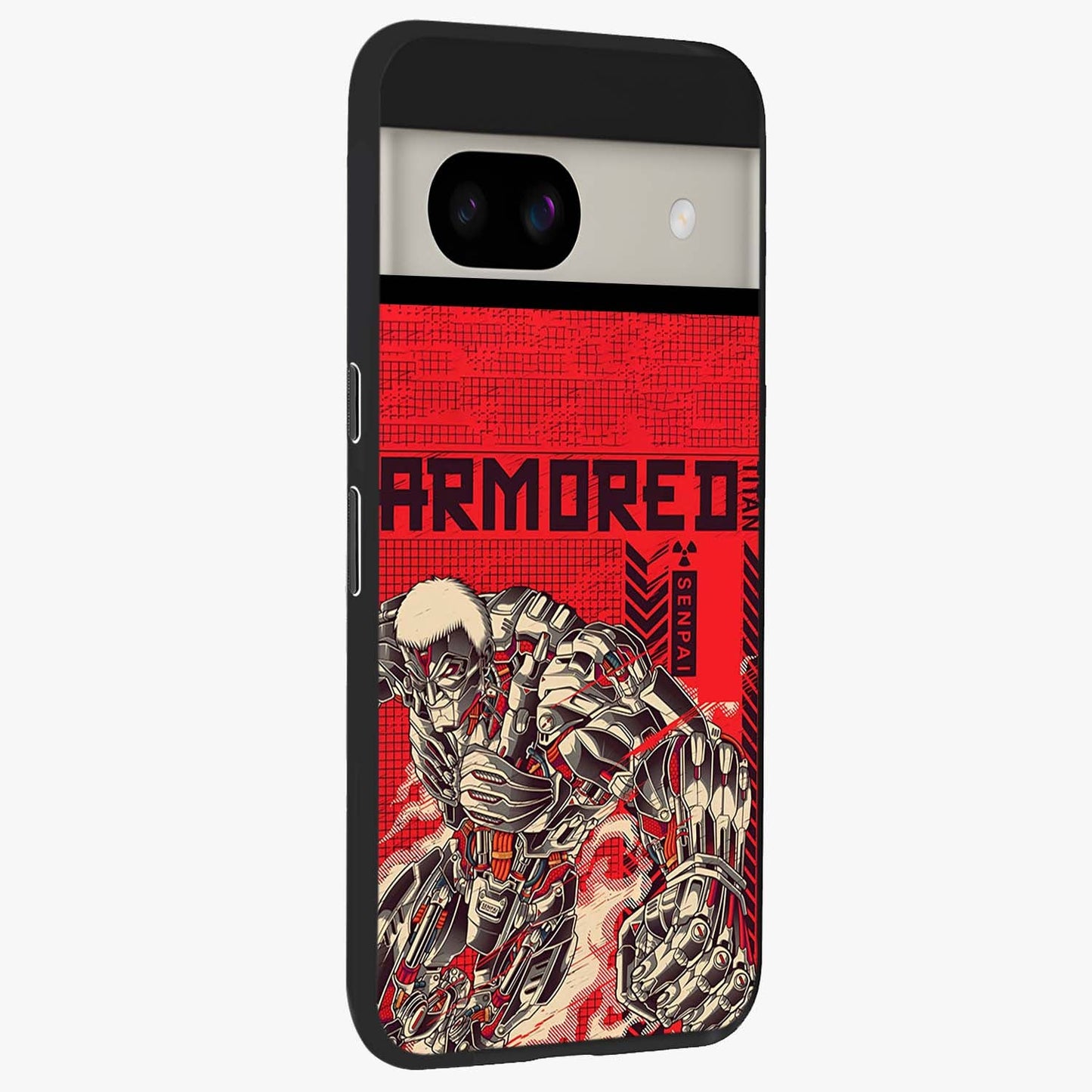 Crimson Mecha Titan Glass Case upright view showcasing dynamic robotic titan design with sci-fi inspired theme.