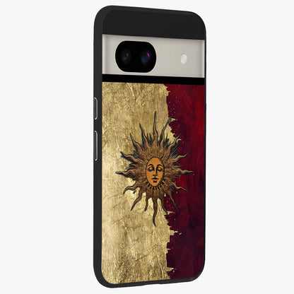 Crimson Sun Majesty Glass Case upright view showcasing vibrant sun artwork with powerful celestial theme.