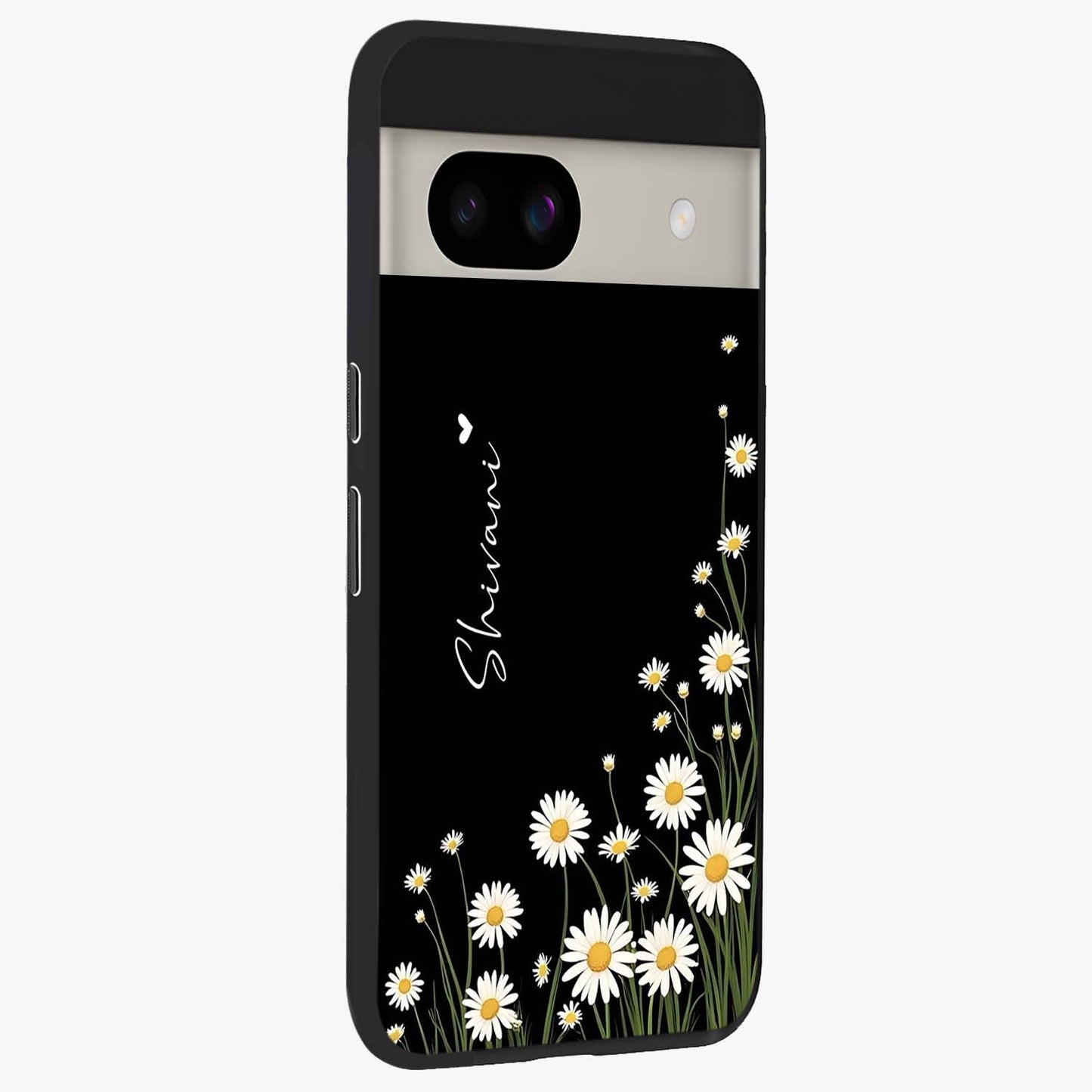 Daisy Cascade Custom Name Glass Case upright view showcasing elegant floral cascade design with personalized aesthetic.