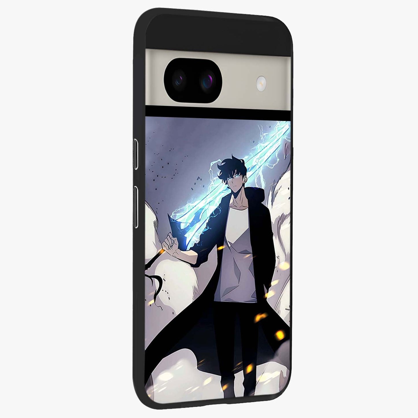 Dark Lightning Anime Warrior Glass Case upright view showcasing dramatic warrior artwork with dark lightning aesthetic.