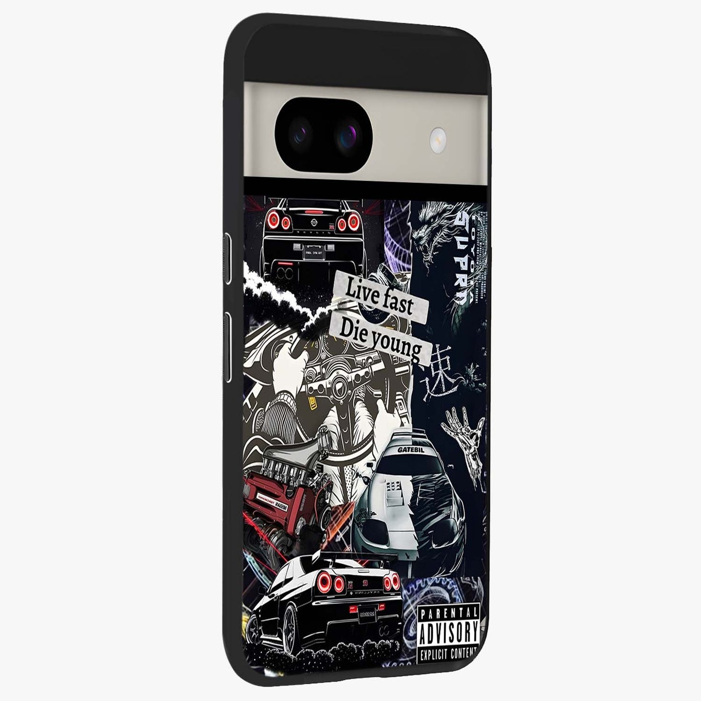 Die Young Glass Case upright view showcasing striking typography artwork with modern statement theme.