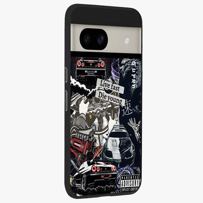 Die Young Glass Case upright view showcasing striking typography artwork with modern statement theme.